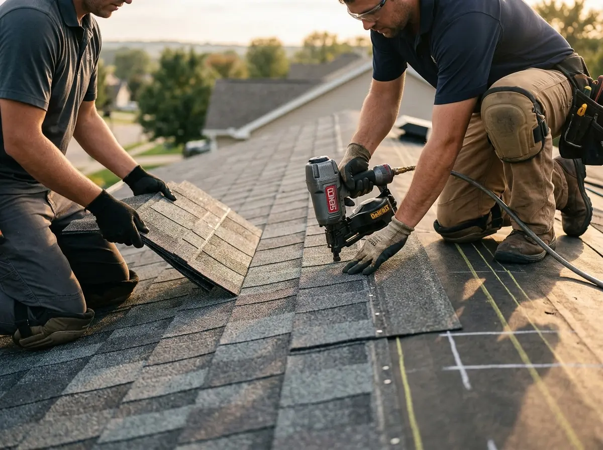 Professional roofer working on a residential roof in Lemoore Station